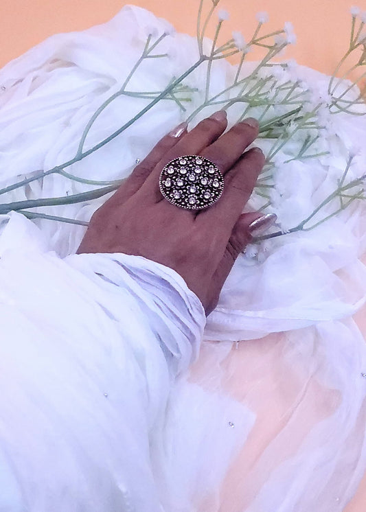 Adjustable Oxidized Stone Studded Floral Finger Ring
