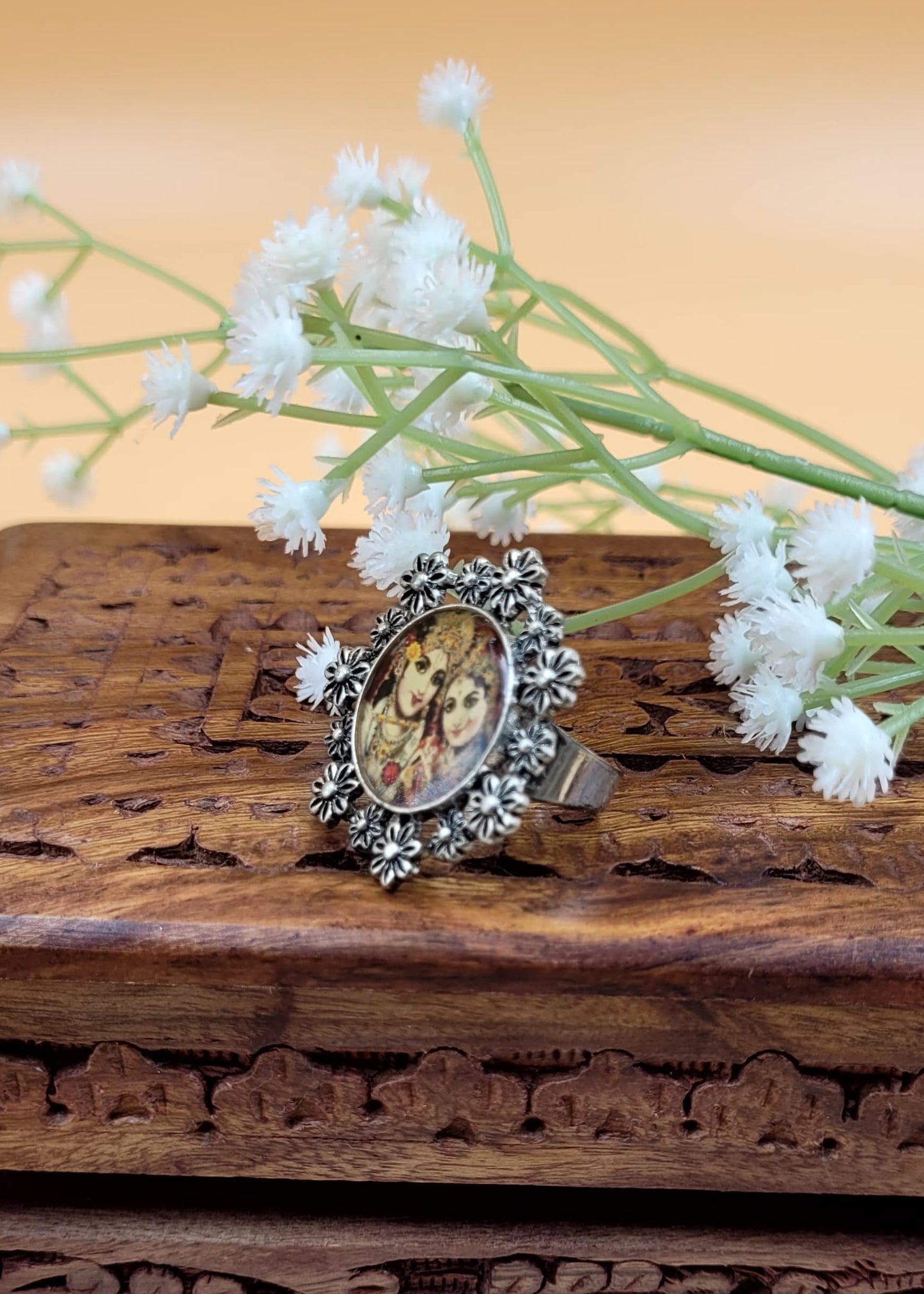 Adjustable Radha Krishna Oxidised Ring