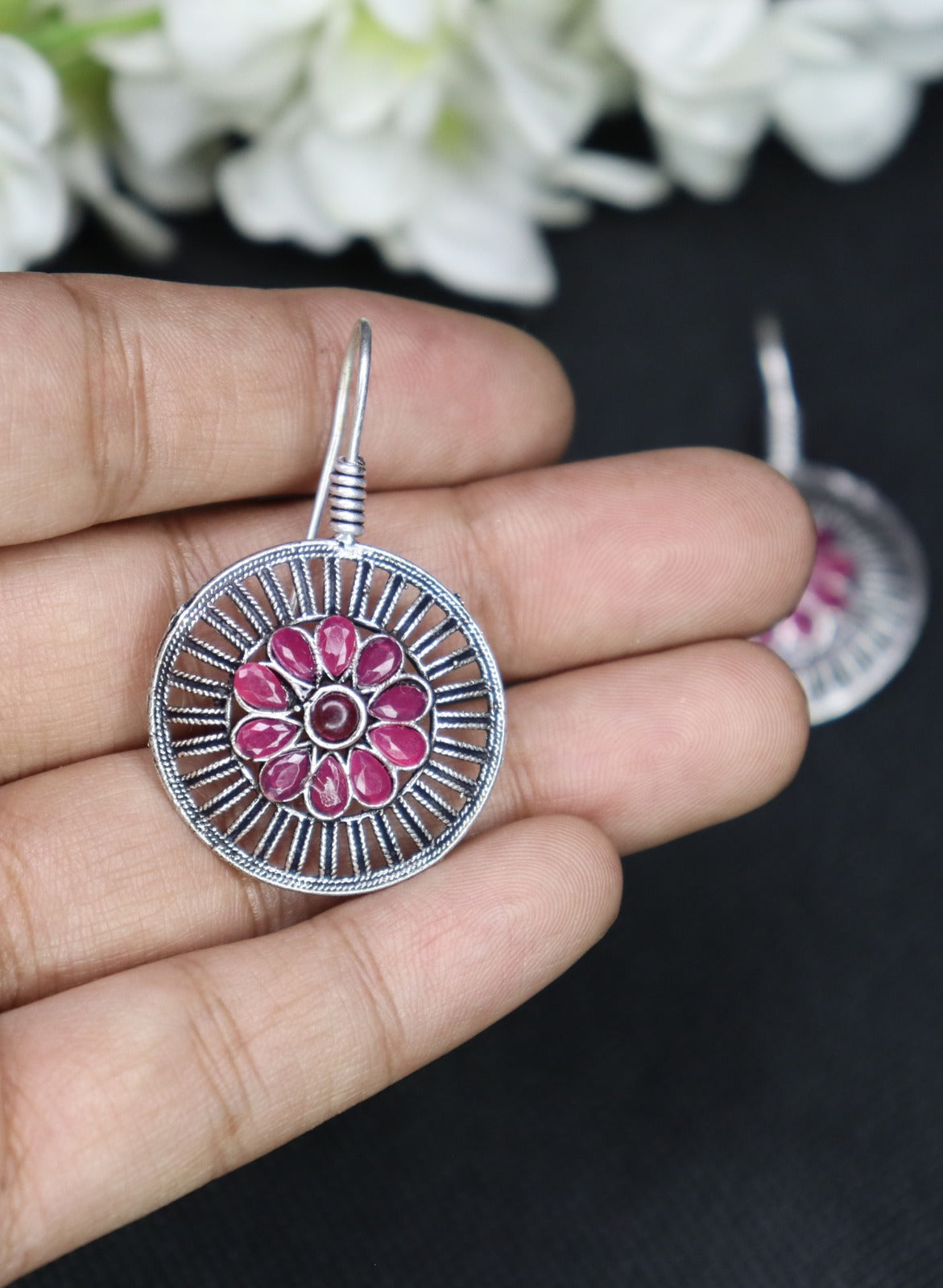 Round flower pink hook earring