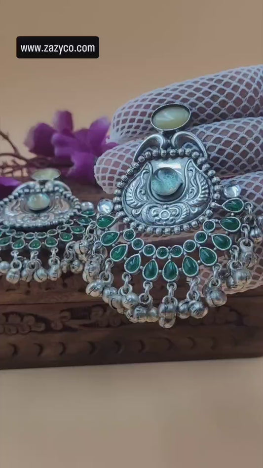 Silver Replica Oxidised Jambo Jhumka With Monalisa Stones