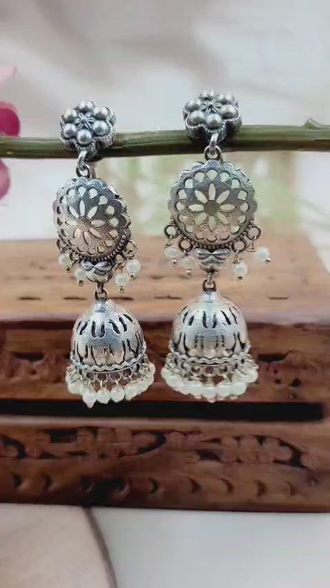 Brass Oxidised Floral and dome beaded Jhumka