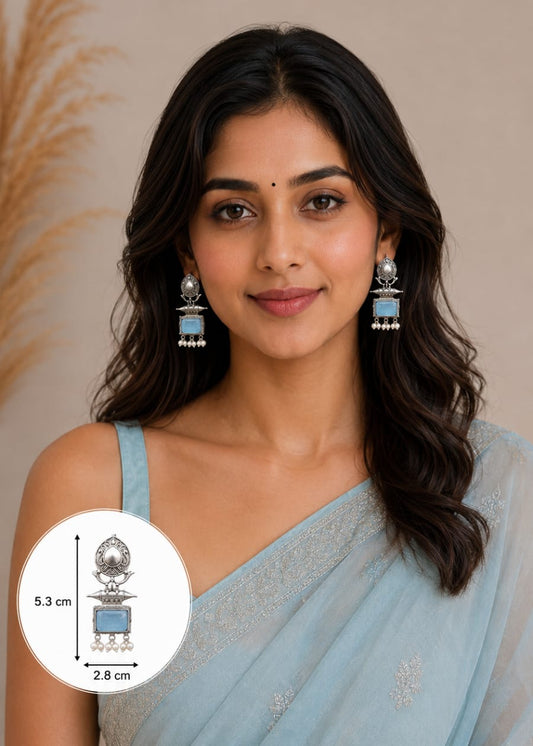 Bansuri Brass Oxidised Silver with Sky Blues Monalisa Stone