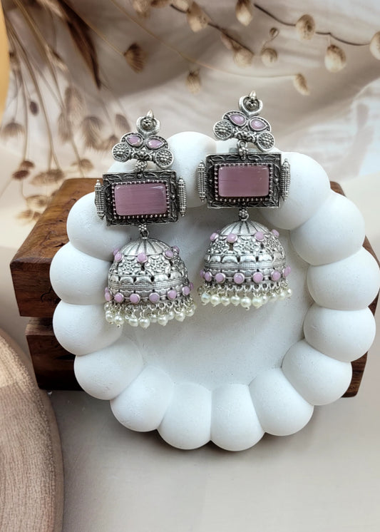 Brass Jumbo Jhumka With Pink Monalisa Stones