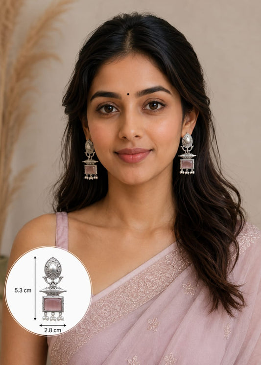 Bansuri Brass Oxidised Silver with Light Pink Monalisa Stone
