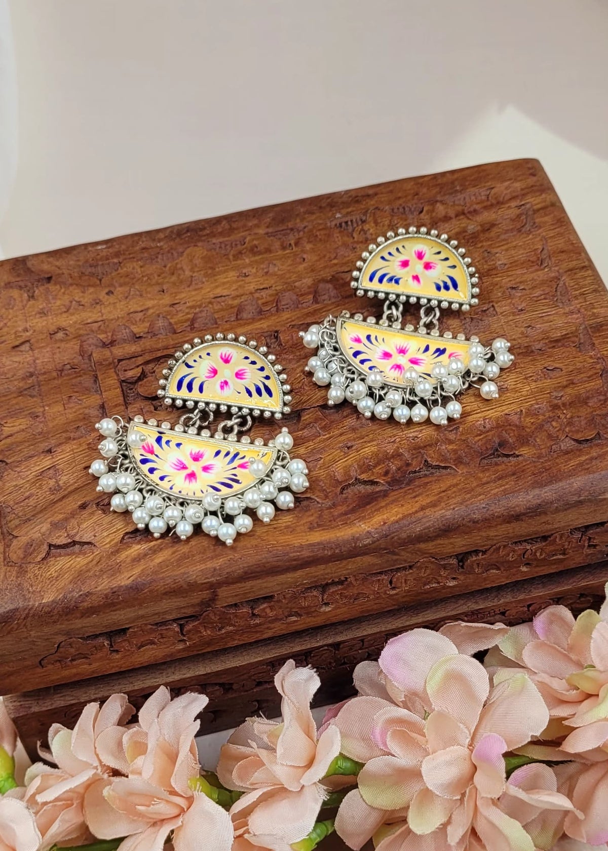 Zazzy Brass Oxidised Hand-painted Cream Coloured Earrings