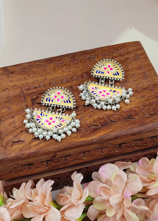 Zazzy Brass Oxidised Hand-painted Cream Coloured Earrings