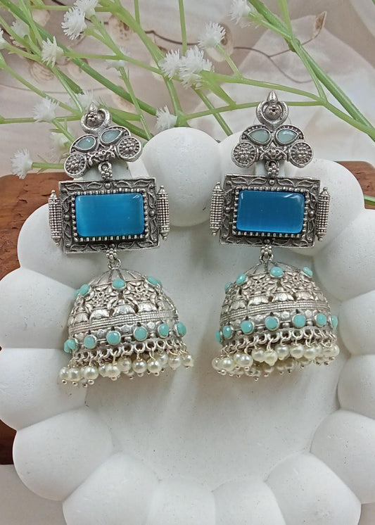 Brass Premium Jumbo Jhumka With Blue Monalisa Stones