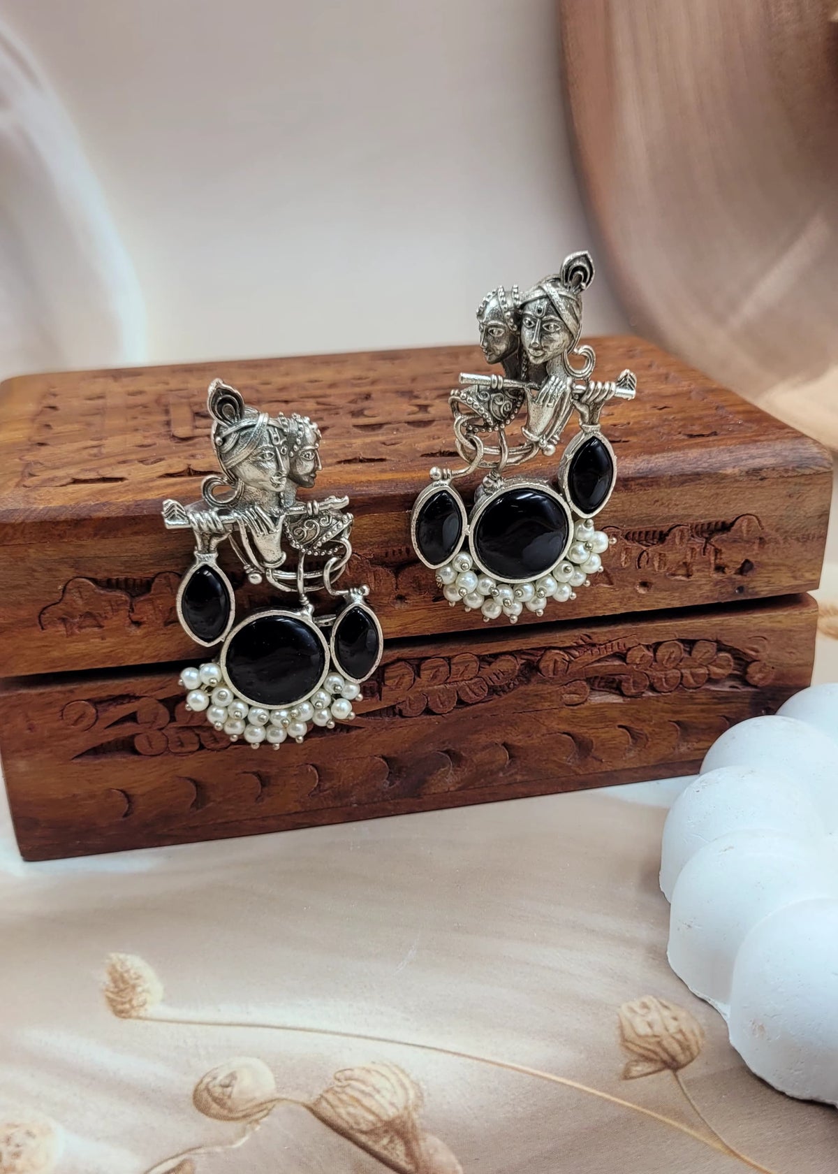 Divine Harmony Radha Krishna Black Monalisa Stone Earrings