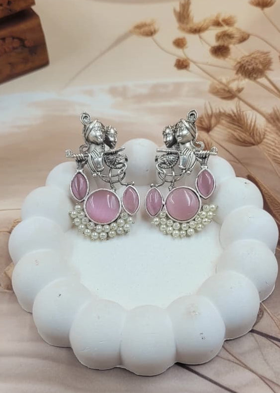 Divine Harmony Radha Krishna Pink Monalisa Stone Earrings