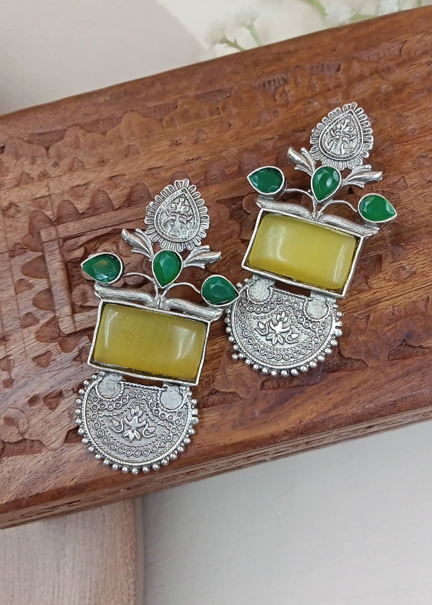 Handcrafted Silver Look Earrings with Yellow Green Monalisa Stone.