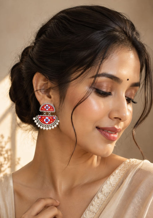 Zazzy Brass Oxidised Hand-painted Red Coloured Earrings