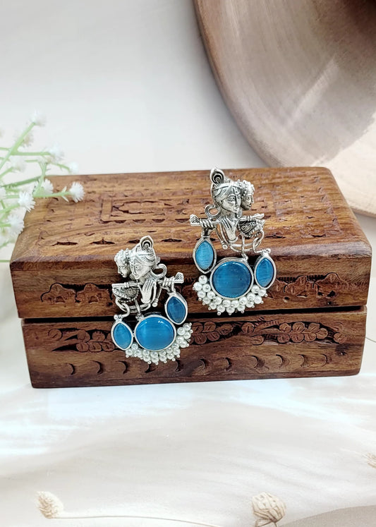 Divine Harmony Radha Krishna Sky Blue Monalisa Stone Earrings
