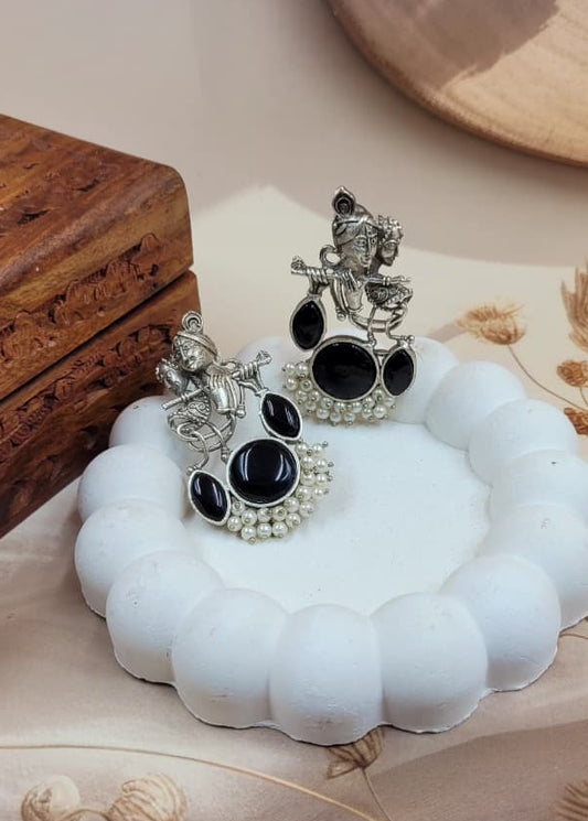 Divine Harmony Radha Krishna Black Monalisa Stone Earrings