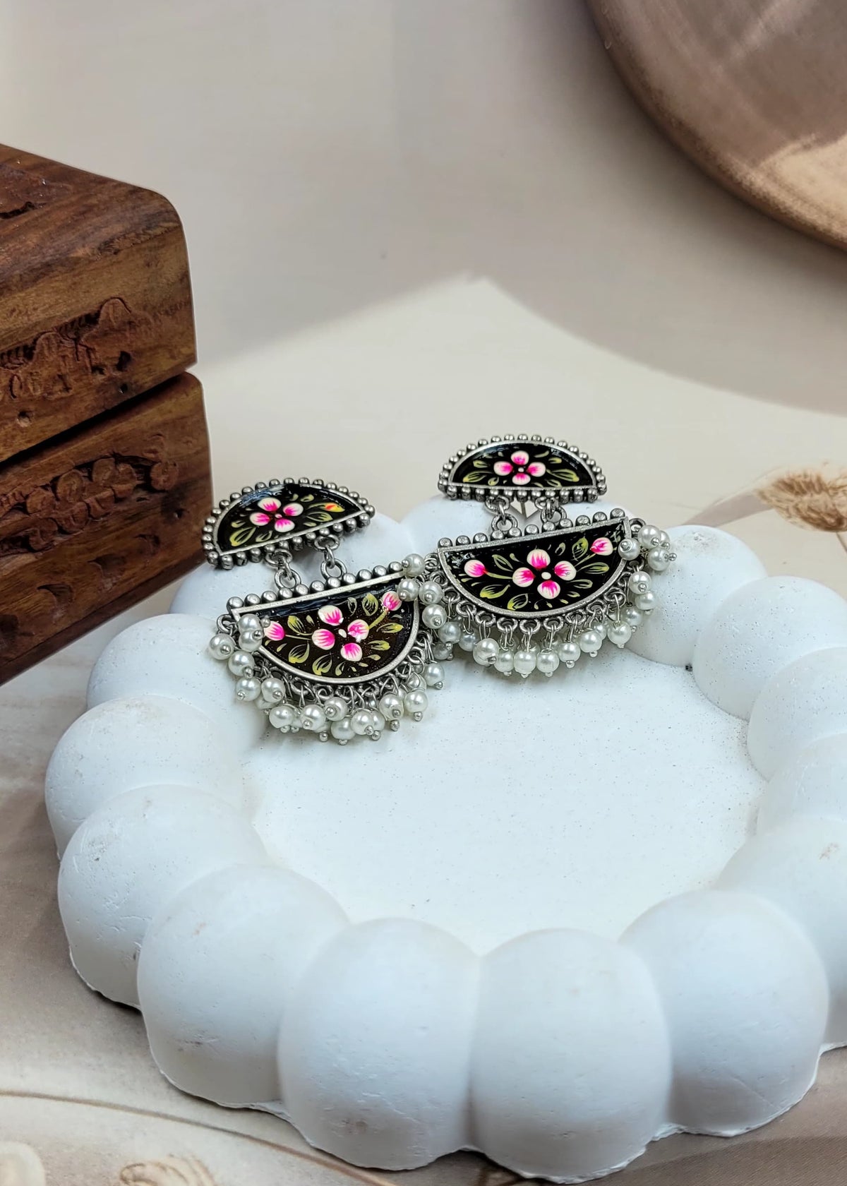 Zazzy Brass Oxidised Hand-painted Black Coloured Earrings