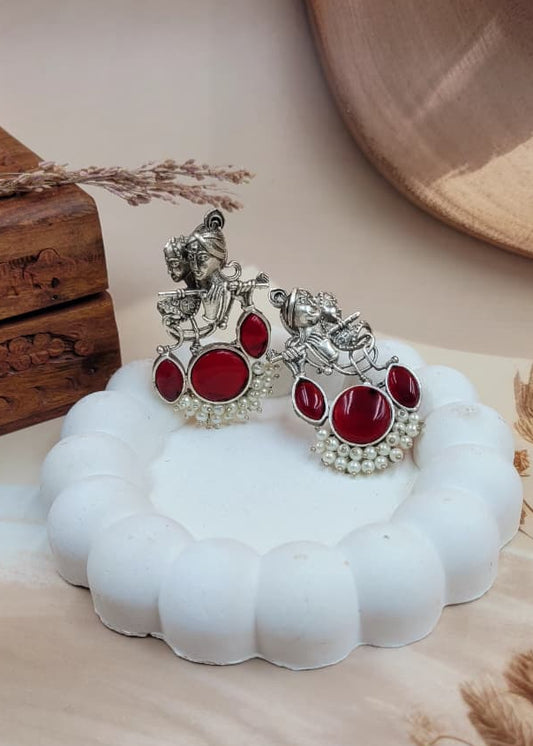 Divine Harmony Radha Krishna Red Monalisa Stone Earring