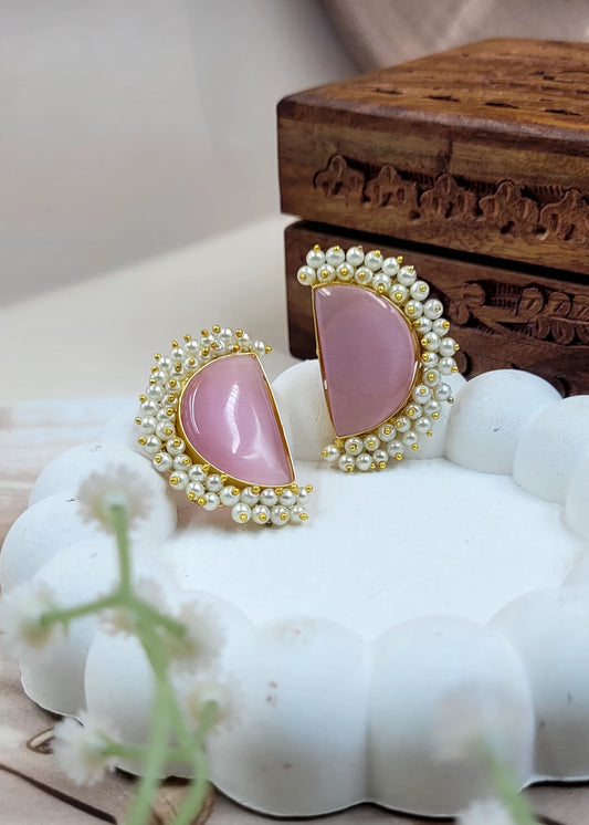 Half Moon Pink Monalisa Stone Bead Layared