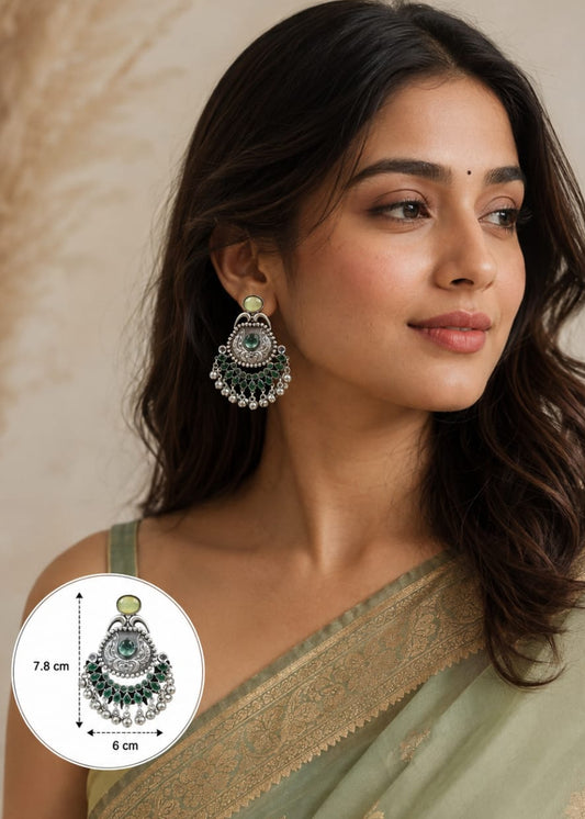 Silver Replica Oxidised Jambo Jhumka With Monalisa Stones