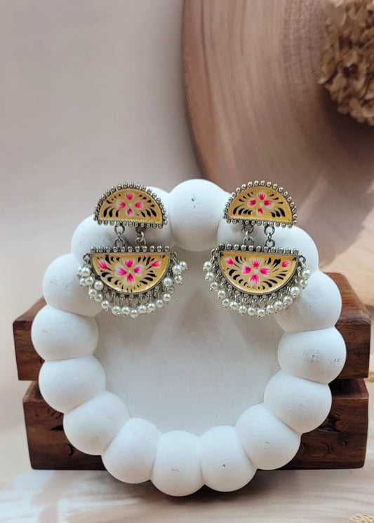 Zazzy Brass Oxidised Hand-painted Cream Coloured Earrings
