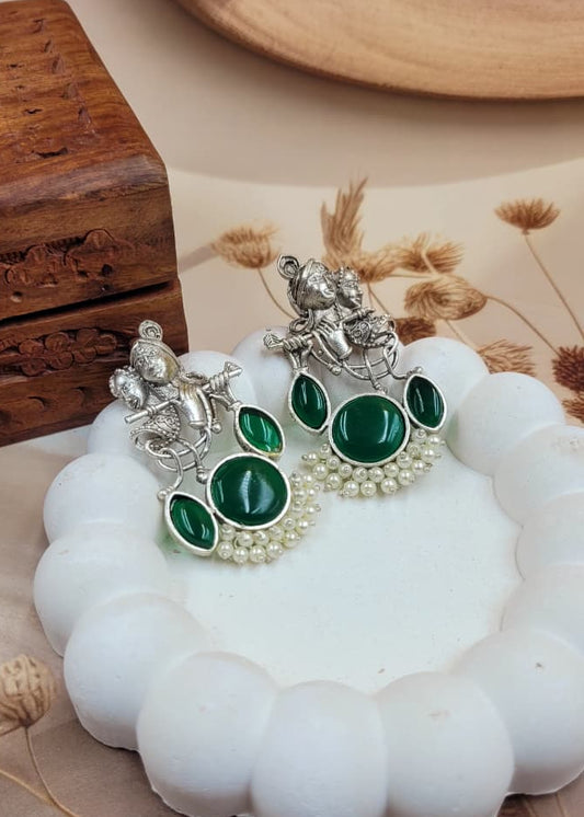 Divine Harmony Radha Krishna Green Monalisa Stone Earrings
