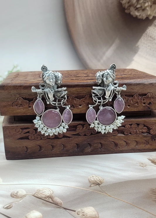 Divine Harmony Radha Krishna Pink Monalisa Stone Earrings