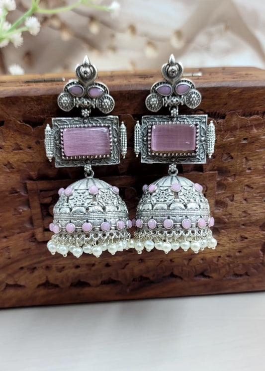 Brass Jumbo Jhumka With Pink Monalisa Stones