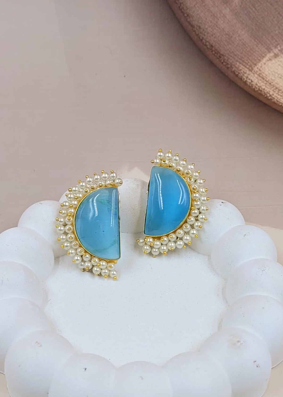 Half Moon Sky Blue Monalisa Stone Bead Layared