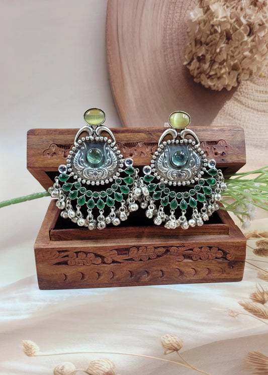 Silver Replica Oxidised Jambo Jhumka With Monalisa Stones
