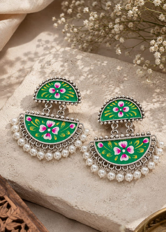 Zazzy Brass Oxidised Hand-painted Green Coloured Earrings