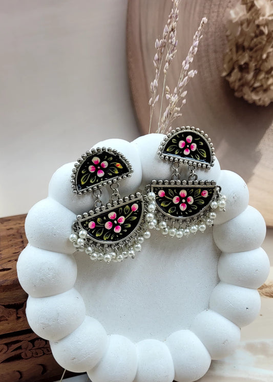 Zazzy Brass Oxidised Hand-painted Black Coloured Earrings