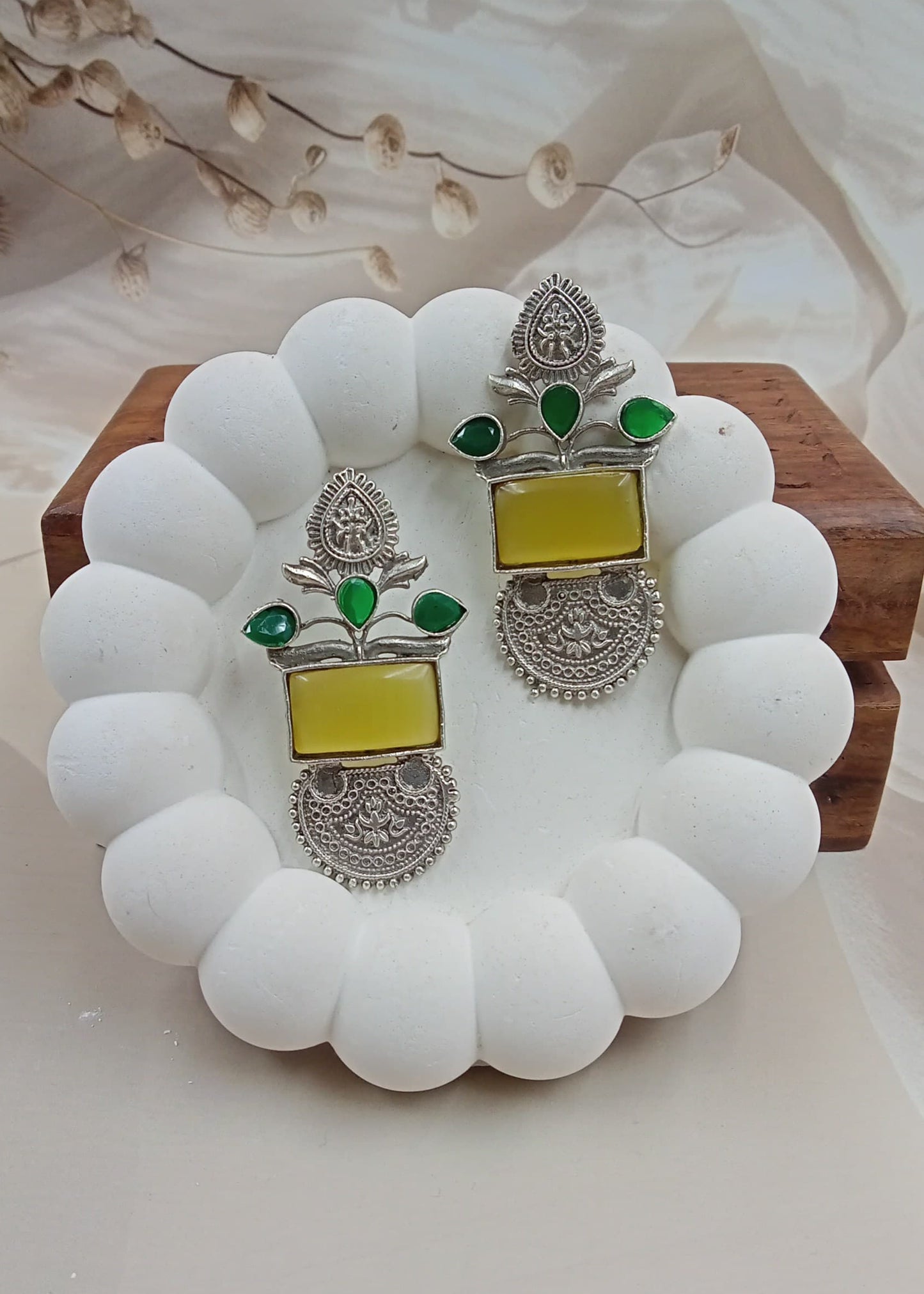 Handcrafted Silver Look Earrings with Yellow Green Monalisa Stone.