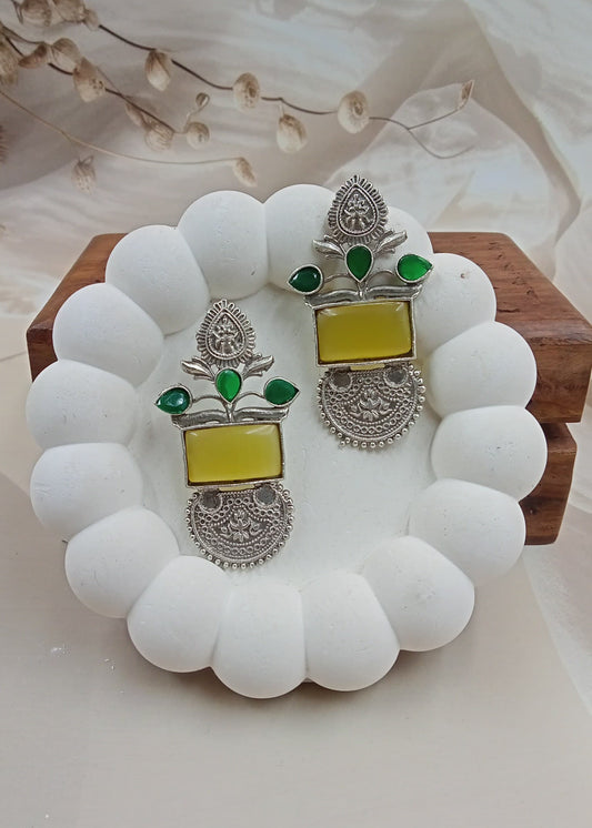 Handcrafted Silver Look Earrings with Yellow Green Monalisa Stone.