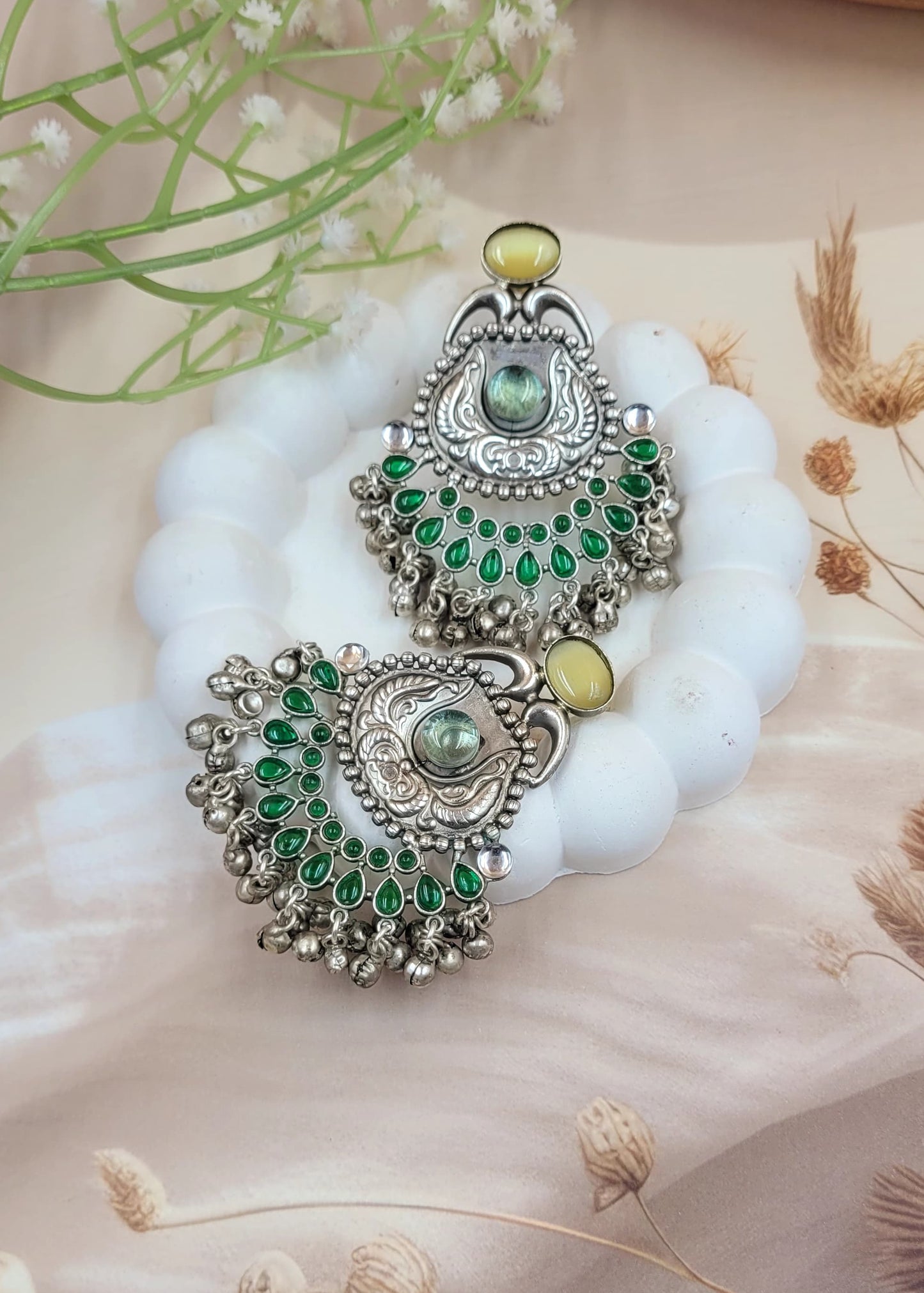 Silver Replica Oxidised Jambo Jhumka With Monalisa Stones