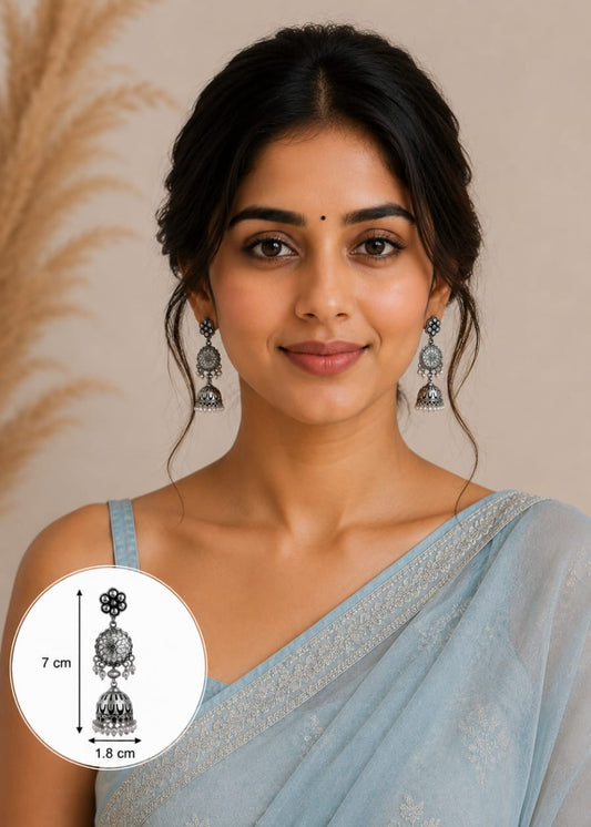 Brass Oxidised Floral and dome beaded Jhumka