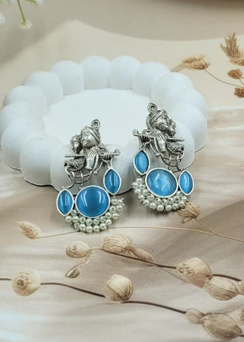 Divine Harmony Radha Krishna Sky Blue Monalisa Stone Earrings
