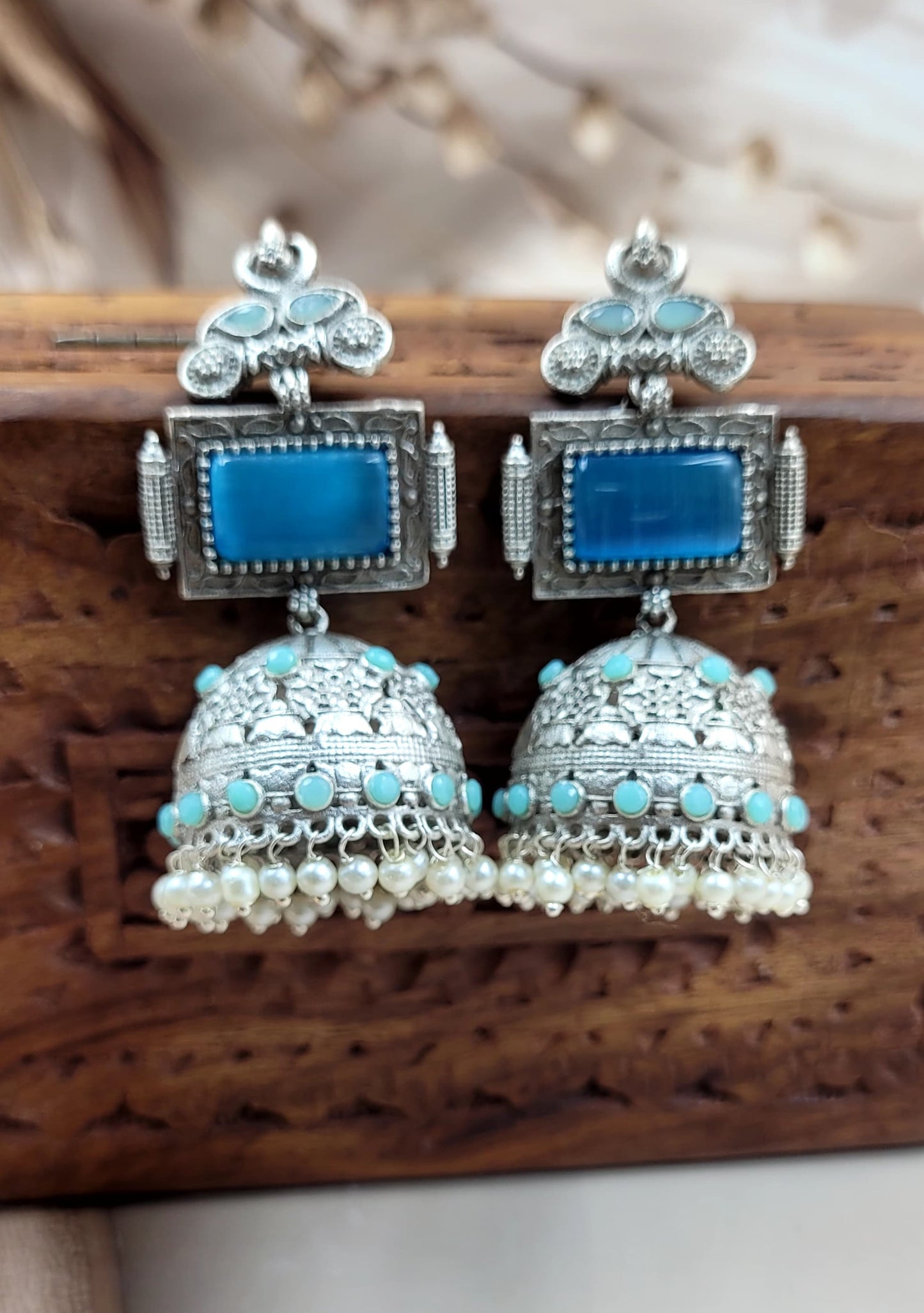 Brass Premium Jumbo Jhumka With Blue Monalisa Stones