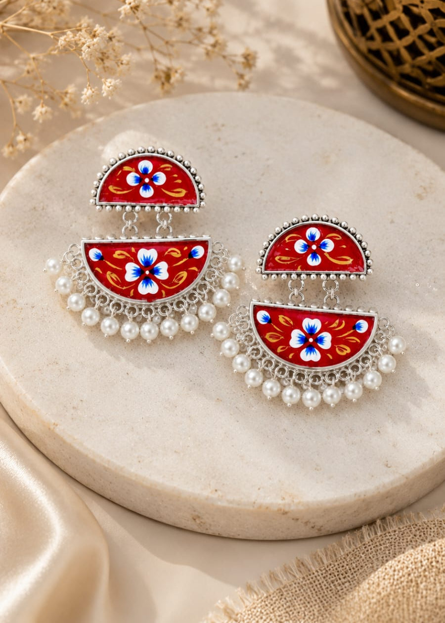 Zazzy Brass Oxidised Hand-painted Red Coloured Earrings