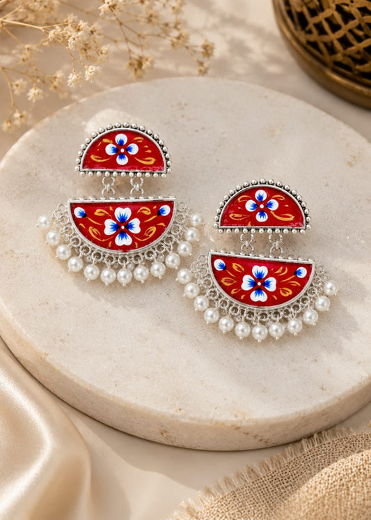 Zazzy Brass Oxidised Hand-painted Red Coloured Earrings
