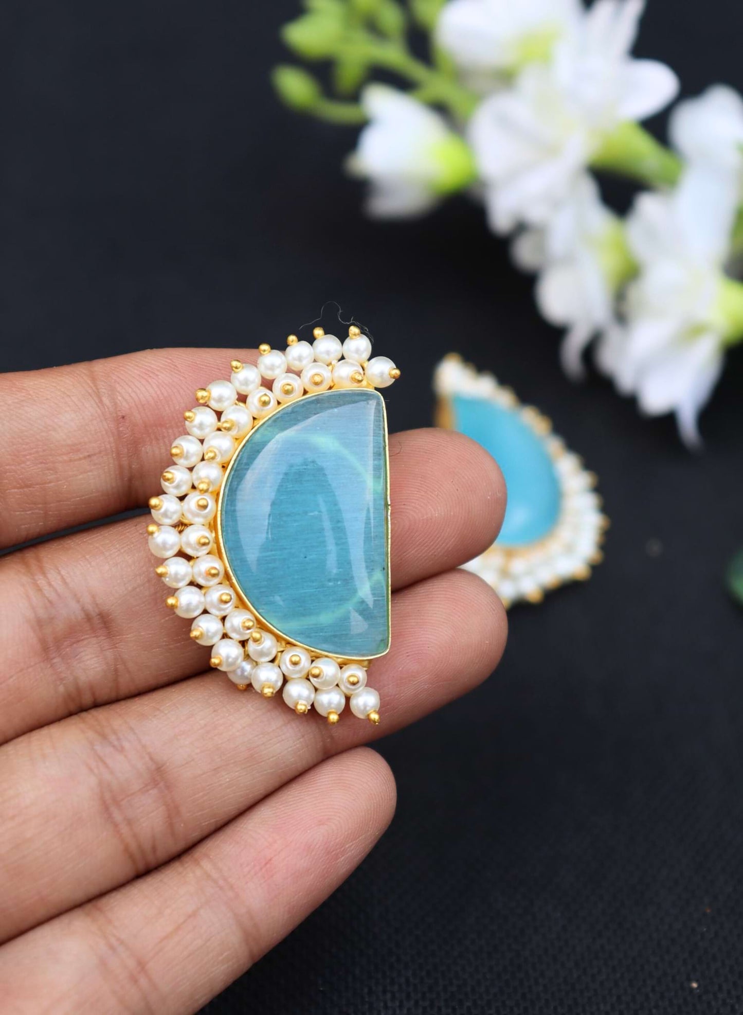Half Moon Sky Blue Monalisa Stone Bead Layared