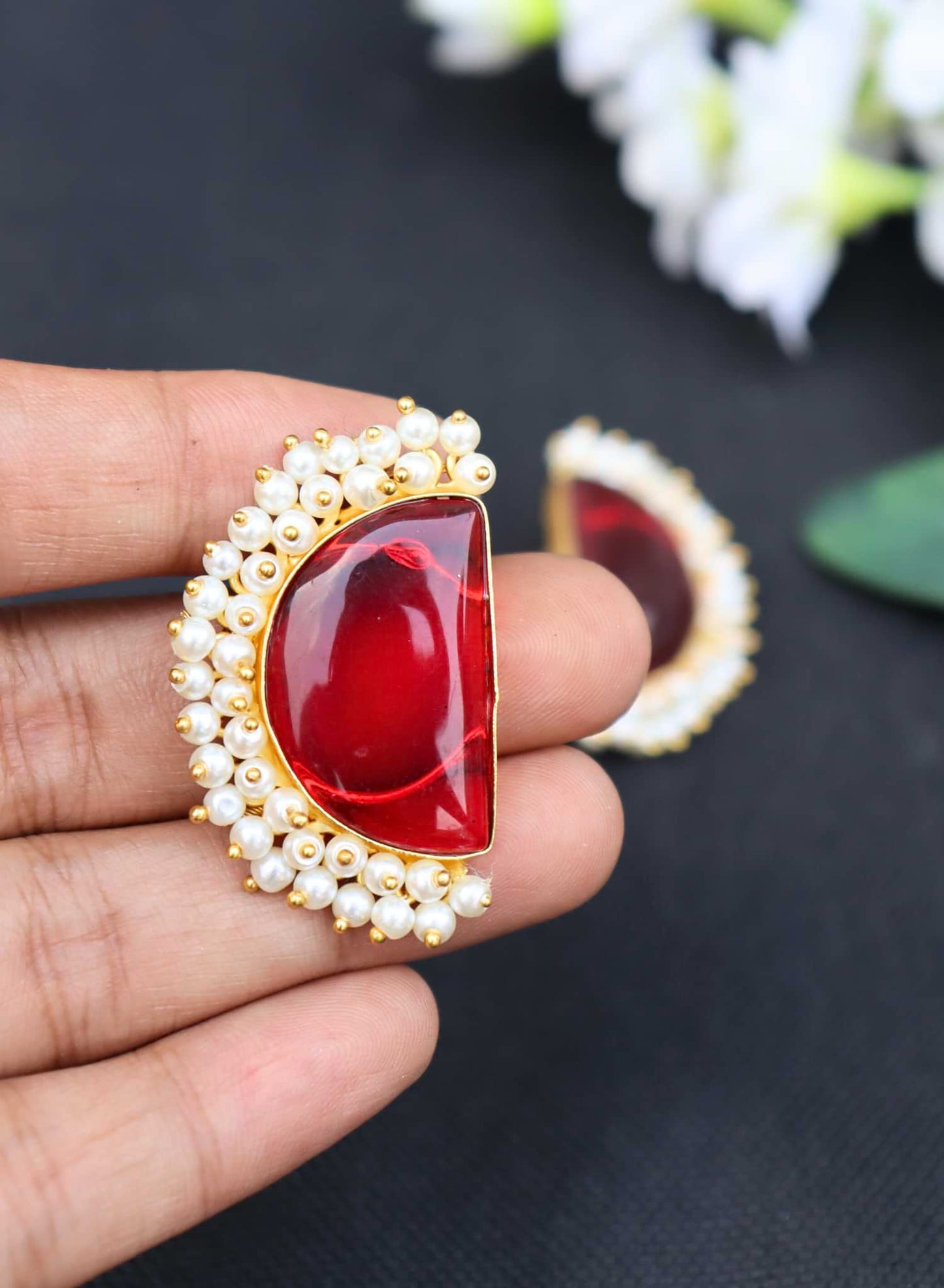 Half Moon Red Monalisa Stone Bead Layared