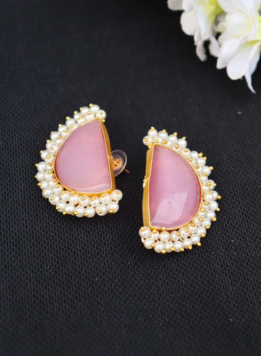 Half Moon Pink Monalisa Stone Bead Layared