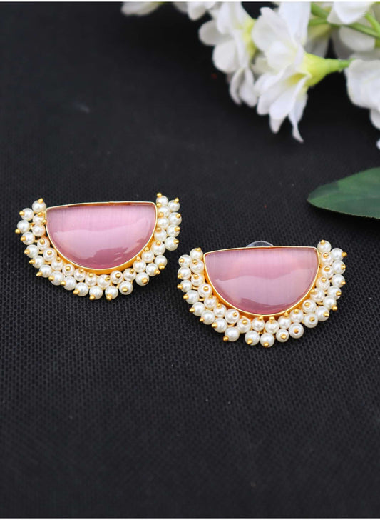 Half Moon Pink Monalisa Stone Bead Layared
