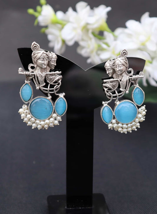 Divine Harmony Radha Krishna Sky Blue Monalisa Stone Earrings