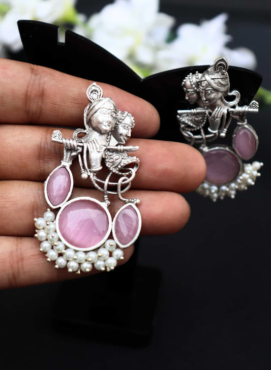 Divine Harmony Radha Krishna Pink Monalisa Stone Earrings