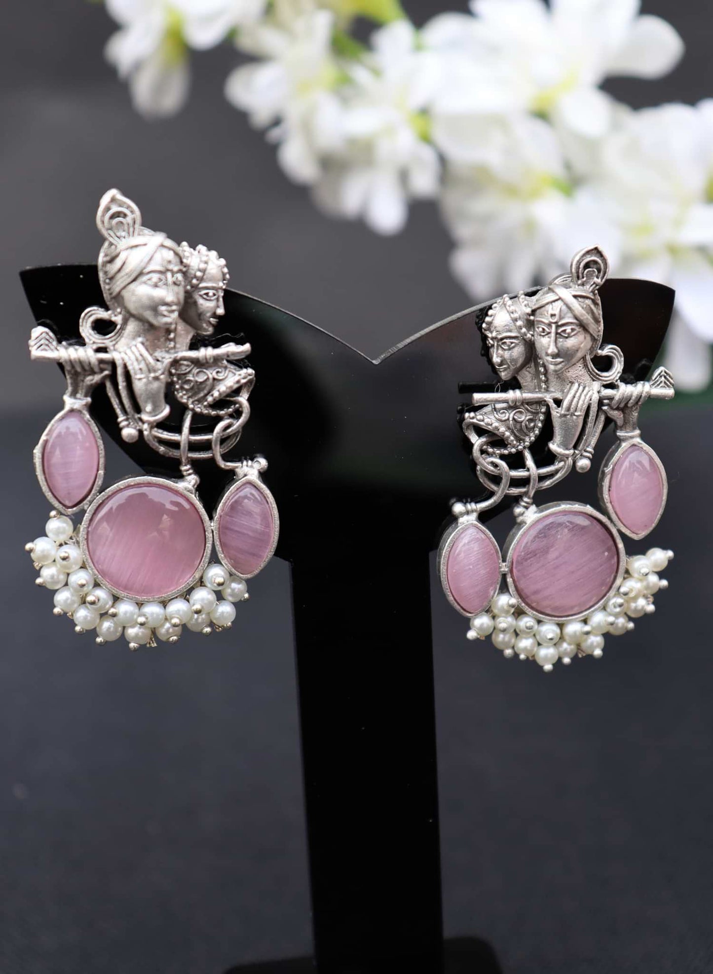 Divine Harmony Radha Krishna Pink Monalisa Stone Earrings