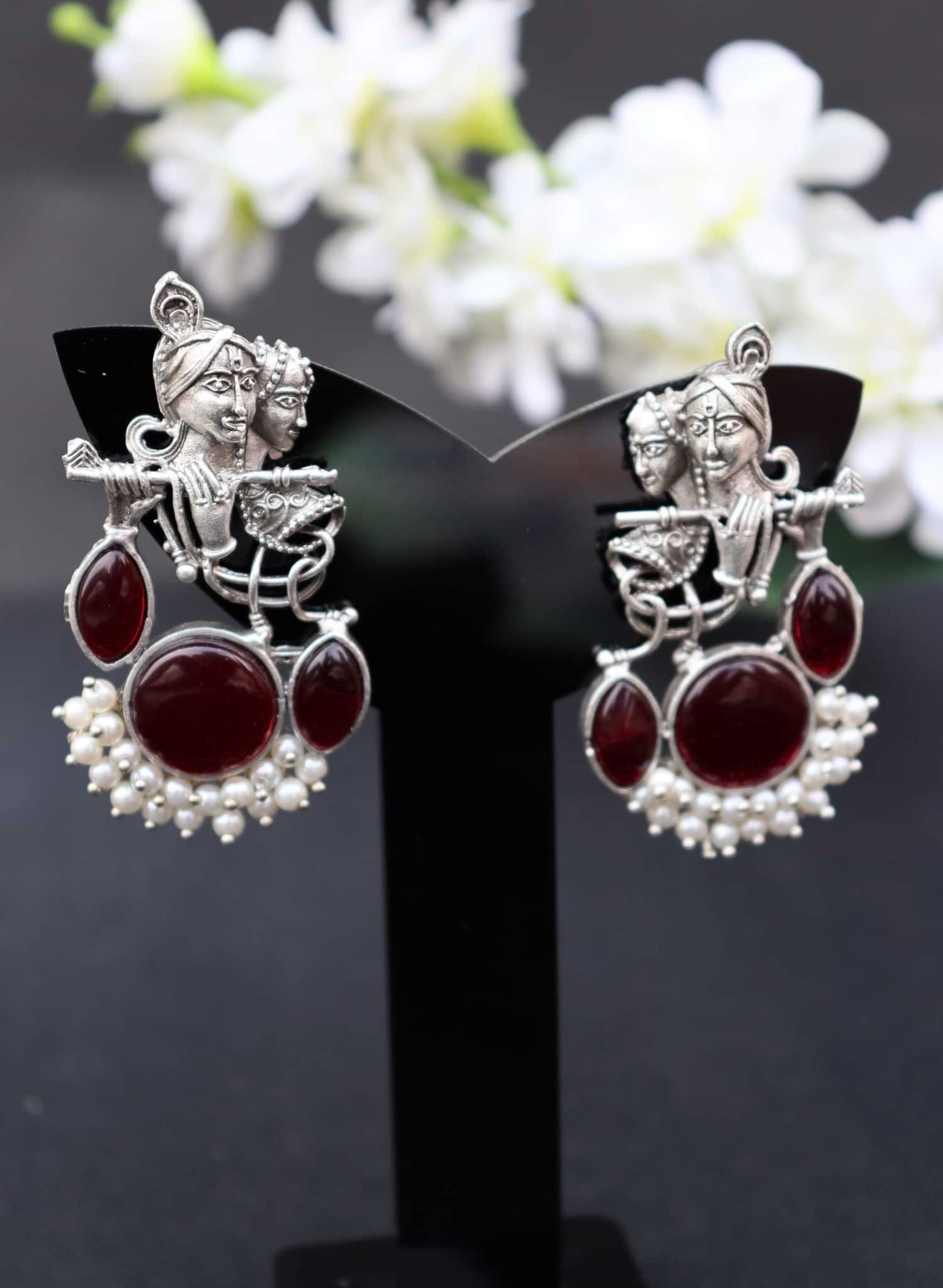 Divine Harmony Radha Krishna Red Monalisa Stone Earring