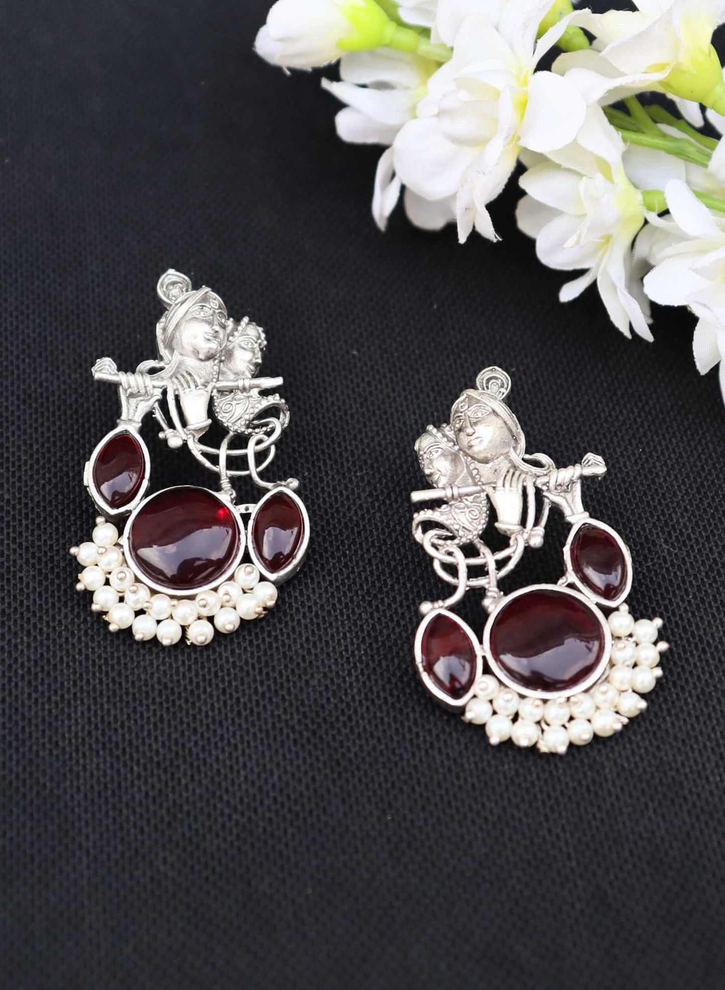 Divine Harmony Radha Krishna Red Monalisa Stone Earring