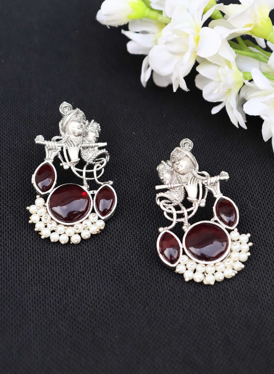 Divine Harmony Radha Krishna Red Monalisa Stone Earring