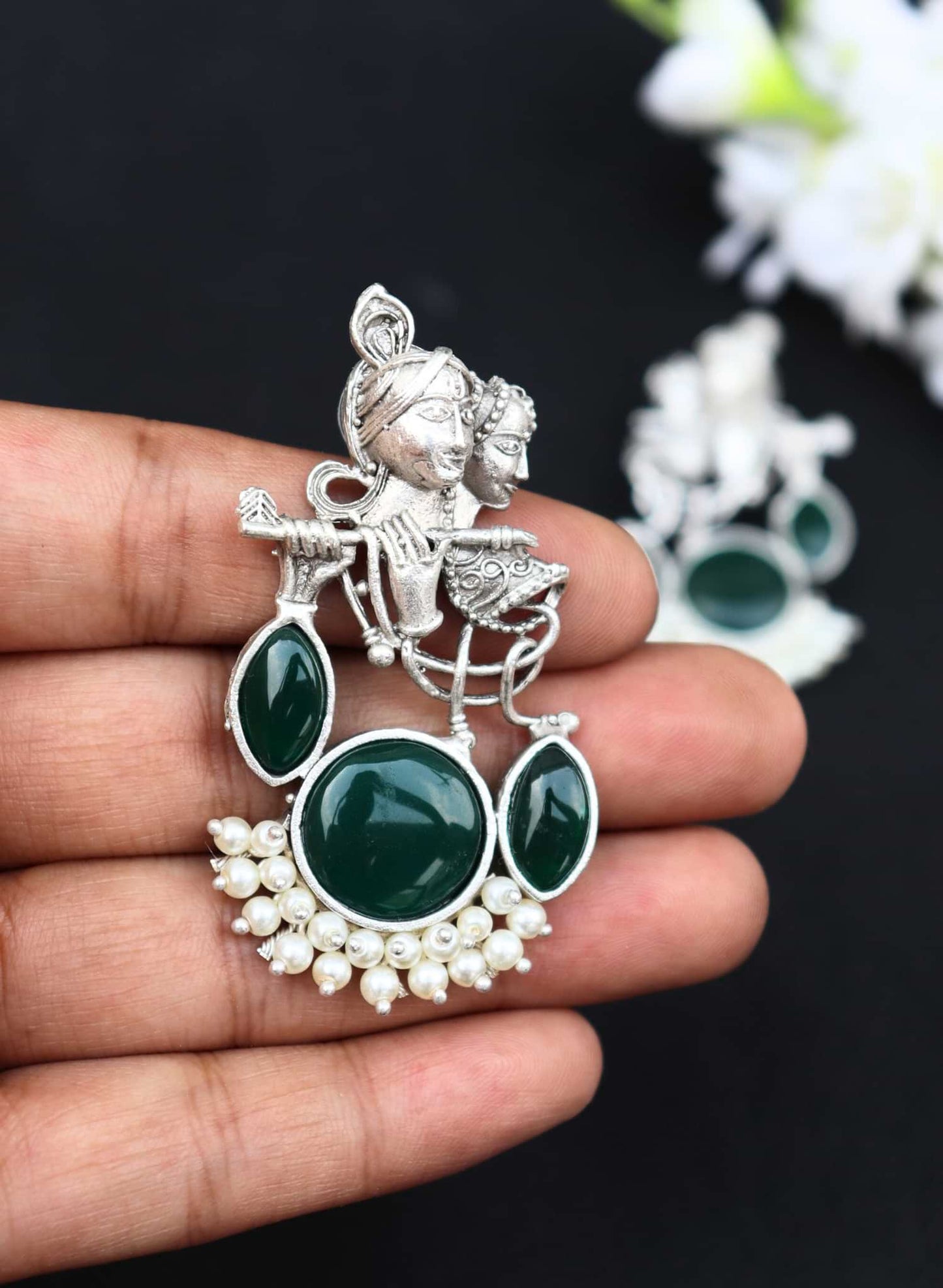 Divine Harmony Radha Krishna Green Monalisa Stone Earrings