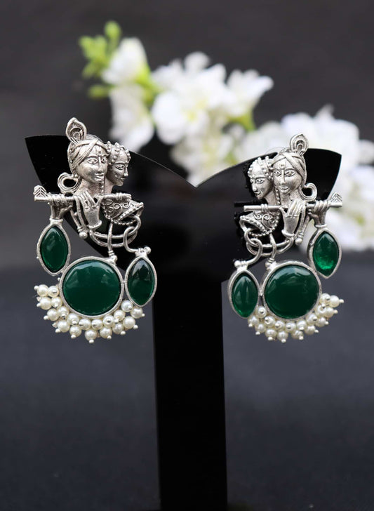 Divine Harmony Radha Krishna Green Monalisa Stone Earrings