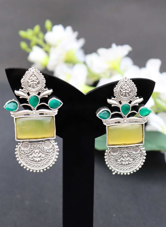 Handcrafted Silver Look Earrings with Yellow Green Monalisa Stone.